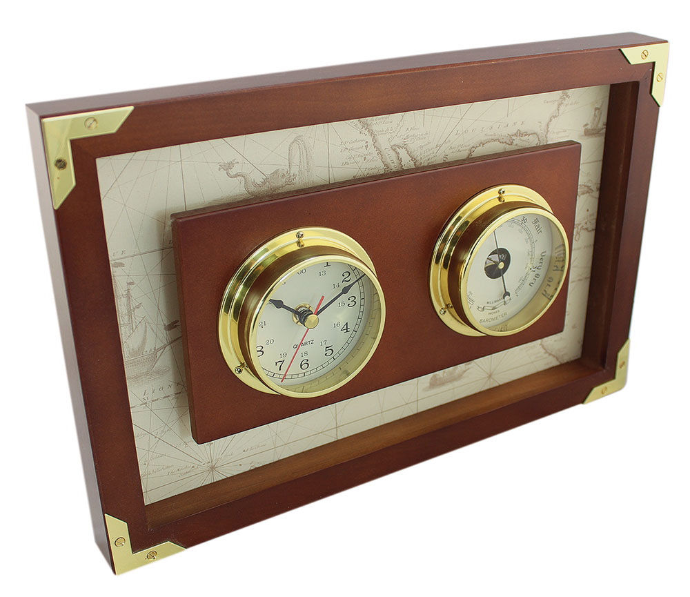 Klok & barometer in houten frame, messin