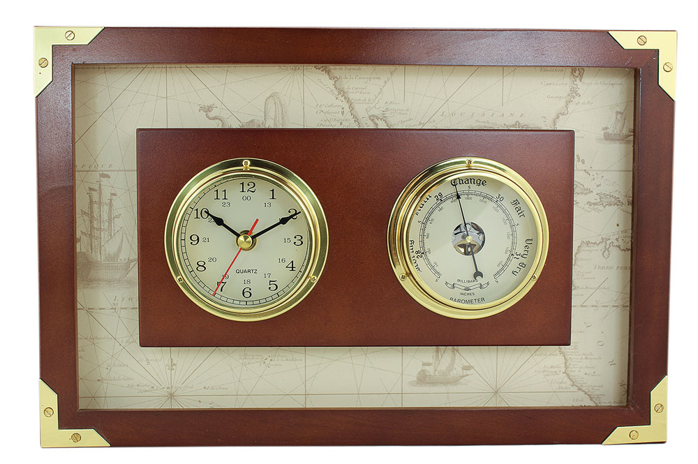 Klok & barometer in houten frame, messin