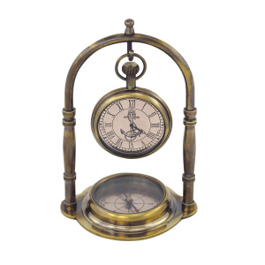 Kompas en klok, antiek messing, 9,5x14x7