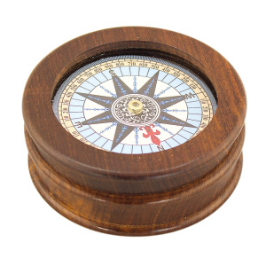 Kompas met glas en hout Ø:8,5cm H:3,5cm